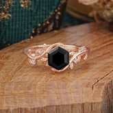 Luxury Nature-Inspired 6 Prong Hexagonal Black Onyx Engagement Ring